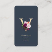 Monogram V Bloemen Professioneel Donkerblauw Goud Visitekaartje (Voorkant)