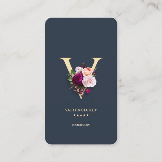 Monogram V Bloemen Professioneel Donkerblauw Goud Visitekaartje