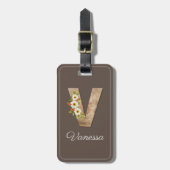 Monogram V bruine houten letter bloem Bagage Label (Voorkant verticaal)