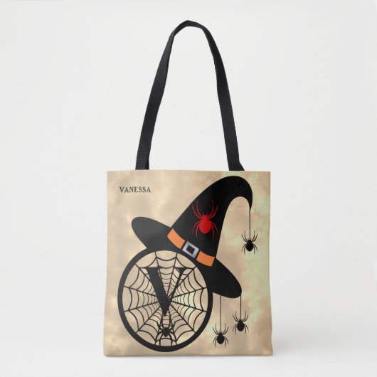 Monogram V Cloudy Witch Spiders Name All-Over Tote Bag (Voorkant)