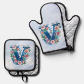 Monogram 'V' decoratief bloemontwerp Ovenwant & Pannenlap Set (Voorkant / Achterkant)