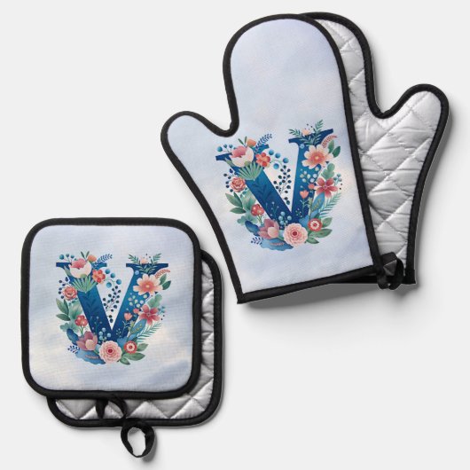 Monogram 'V' decoratief bloemontwerp Ovenwant & Pannenlap Set (Voorkant / Achterkant)