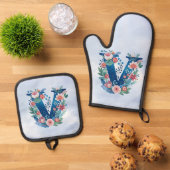 Monogram 'V' decoratief bloemontwerp Ovenwant & Pannenlap Set (Top down)