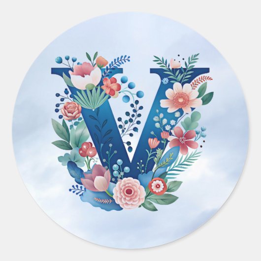 Monogram 'V' decoratief bloemontwerp Ronde Sticker (Voorkant)