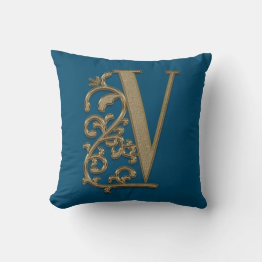 Monogram V Oceaan Blauw Trouwen Verjaardag Kussen (Voorkant)