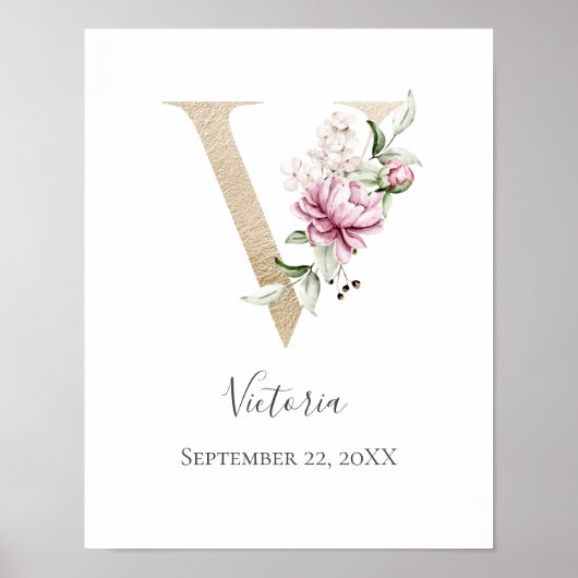 Monogram V Roze witte Floral Gold Letter Neursery Poster (Voorkant)