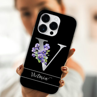 Monogram V zilver aangepaste naam blauwe viooltjes Case-Mate iPhone 14 Pro Hoesje
