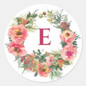 Monogram Vakantie Roze Joy Krans Botanisch Ronde Sticker (Voorkant)