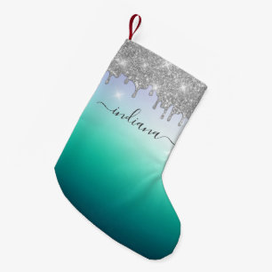Monogram Vakantie Script Naam Zilver Glitter Ombre Kleine Kerstsok