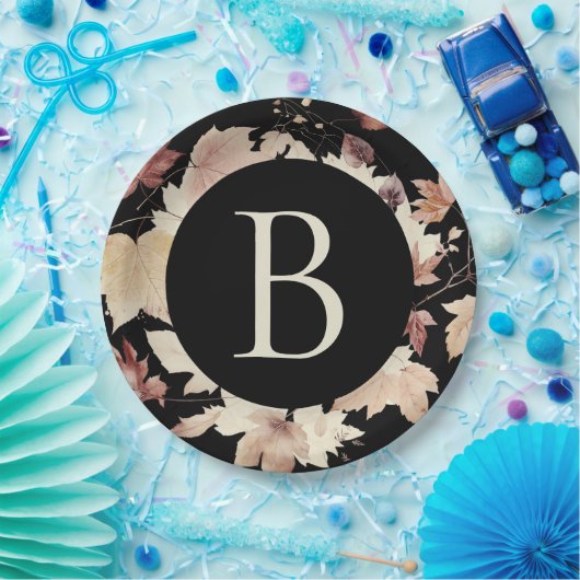 Monogram val bladeren zwarte Thanksgiving Papieren Bordje (Feest)