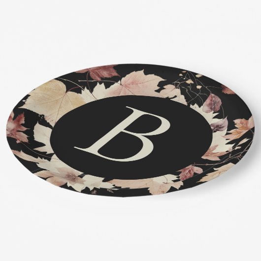 Monogram val bladeren zwarte Thanksgiving Papieren Bordje (Gekanteld)