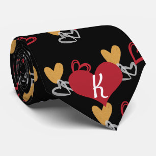 Monogram Valentijn Red Gold White Heart Black Stropdas