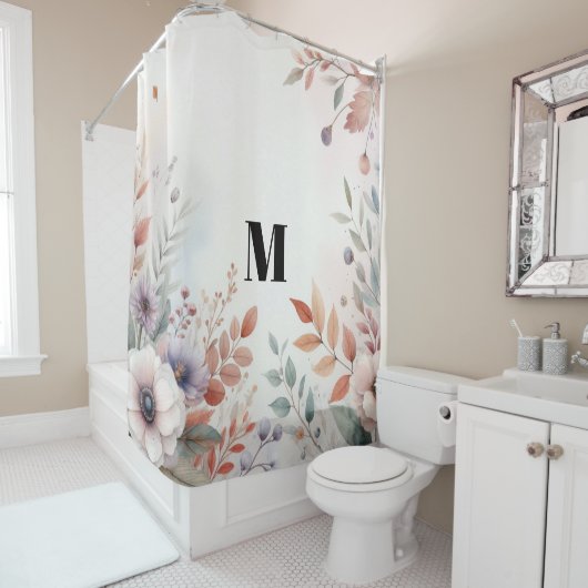 Monogram Vallende bladeren en bloemen waterverf Douchegordijn (In situ)