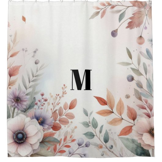 Monogram Vallende bladeren en bloemen waterverf Douchegordijn (Voorkant)