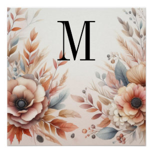 Monogram Vallende bladeren en bloemen waterverf Perfect Poster