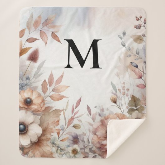 Monogram Vallende bladeren en bloemen waterverf Sherpa Deken (Voorkant)