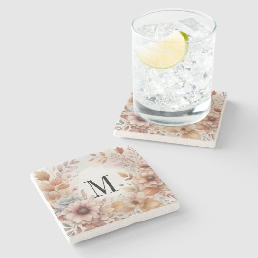 Monogram Vallende bladeren en bloemen waterverf Stenen Onderzetter (Zijkant)