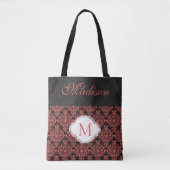 Monogram van Black Red Damask Girly Trendy Initiaa Tote Bag (Voorkant)