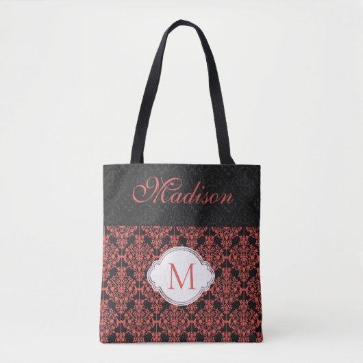 Monogram van Black Red Damask Girly Trendy Initiaa Tote Bag (Voorkant)