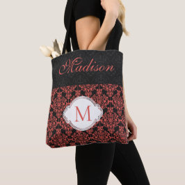 Monogram van Black Red Damask Girly Trendy Initiaa Tote Bag