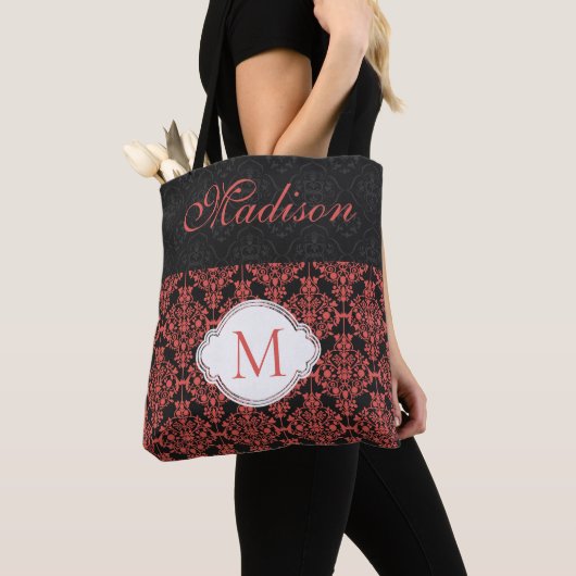 Monogram van Black Red Damask Girly Trendy Initiaa Tote Bag (Dichtbij)