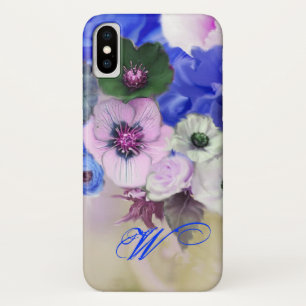 MONOGRAM VAN BLAUWE WITTE ROSSEN EN ANEMONSENSTROM iPhone X HOESJE
