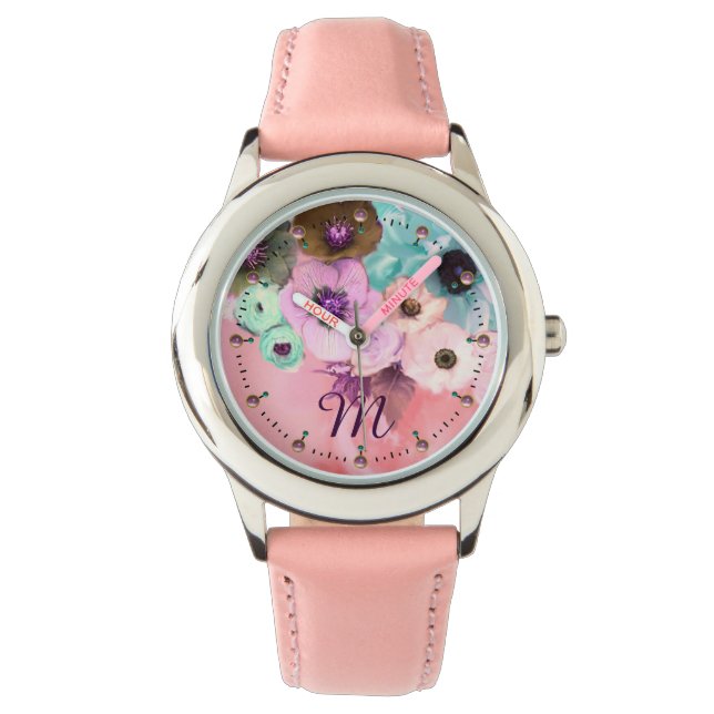 MONOGRAM VAN blauwgroen PINKROSEN EN ANEMONSENSTRO Horloge (Voorkant)