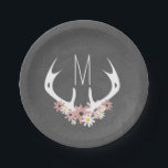 Monogram van Chalkboard geïnspireerde Floral Antle Papieren Bordje<br><div class="desc">Borden met een afbeelding van een paar hertengeweien met bloemen.  Personaliseer met monogram.  Achtergrond is het karton geïnspireerd.  Het monogram personaliseren</div>
