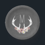 Monogram van Chalkboard geïnspireerde Floral Antle Papieren Bordje<br><div class="desc">Borden met een afbeelding van een paar hertengeweien met bloemen.  Personaliseer met monogram.  Achtergrond is het karton geïnspireerd.  Het monogram personaliseren</div>