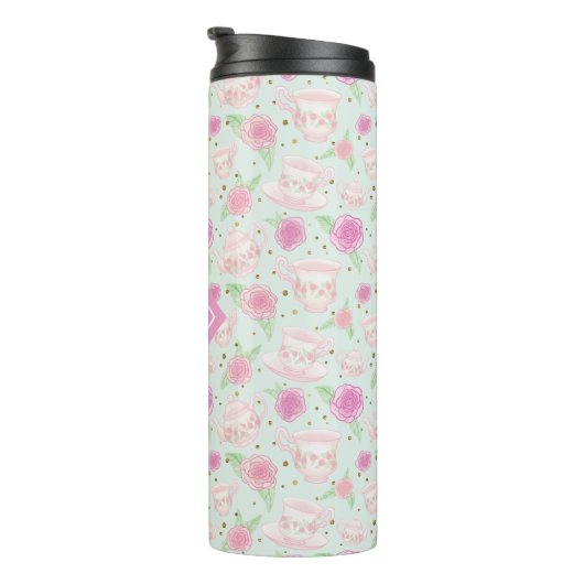 Monogram van Cute Girly Mint en Roze Tea Party Thermosbeker (Geroteerd rechts)
