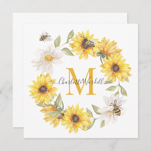 Monogram van Daisies Honey Bees Notitiekaartje (Voorkant / Achterkant)