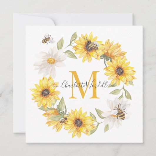 Monogram van Daisies Honey Bees Notitiekaartje (Voorkant)