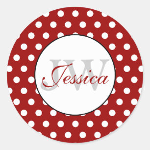 Monogram van de donkerrode en witte polka ronde sticker