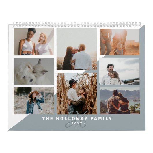 Monogram van de familie Dusty Blue 20 fotocollage Kalender (Hoes)