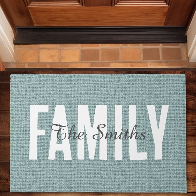 Monogram van de familie Rustic Jute Blue Burlap Deurmat (Creator heeft geüpload)