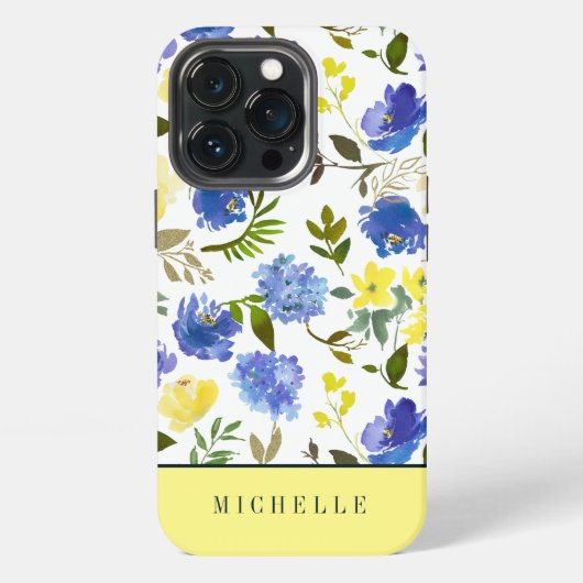 Monogram van de Feminine Yellow en Blue flow iPhone Hoesje (Achterkant)