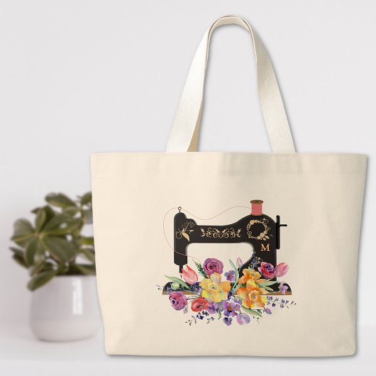 Monogram van de Floral naaigmachine Grote Tote Bag