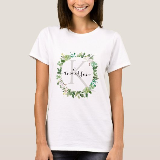 MONOGRAM VAN DE GROENE SUCCULENT WREATH FOLIAGE WA T-SHIRT (Voorkant)