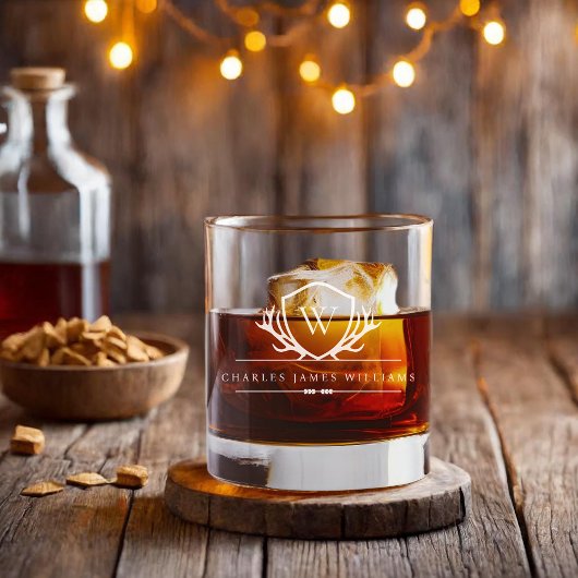 Monogram van de hertenkam | Rustiek Elegant Gepers Whisky Glas