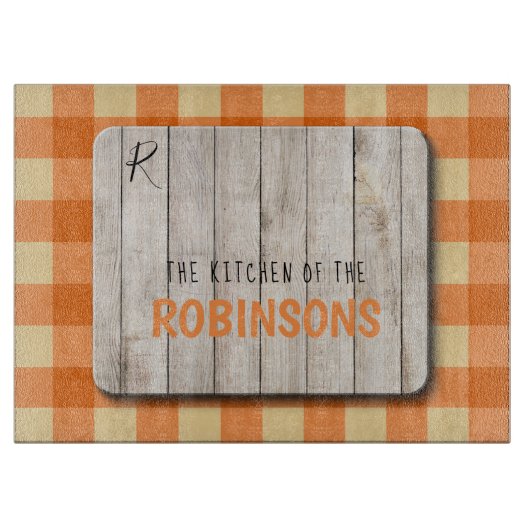Monogram van de houtfamilie: oranje gingham snijplank (Voorkant)