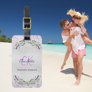 Monogram van de lavendel violet zilver bagagelabel