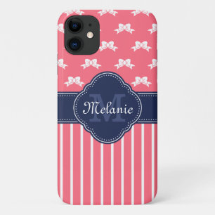 Monogram van de marine van Bright roze Wht Ribbon  Case-Mate iPhone Case