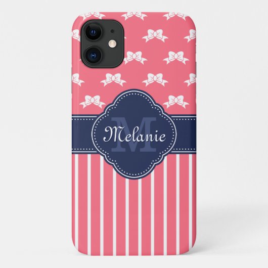Monogram van de marine van Bright roze Wht Ribbon Case-Mate iPhone Case (Achterkant)