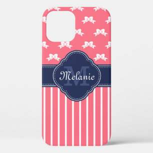 Monogram van de marine van Bright roze Wht Ribbon  Case-Mate iPhone Case
