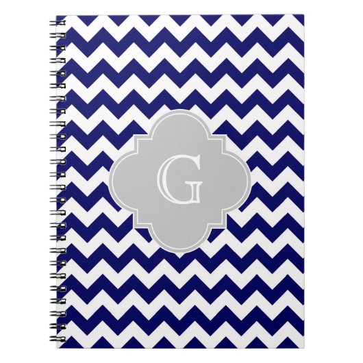 Monogram van de marine Wht Chevron Gray Quatrefoil Notitieboek (Voorkant)
