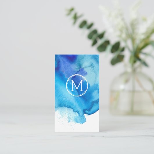 Monogram van de moderne Beachy Blue Waterverf Visitekaartje (Staand voorkant)