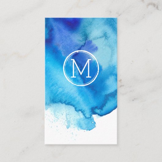 Monogram van de moderne Beachy Blue Waterverf Visitekaartje (Voorkant)