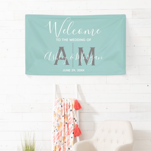 Monogram van de moderne Eggshell Blue Wedding Coup Spandoek (Insitu)
