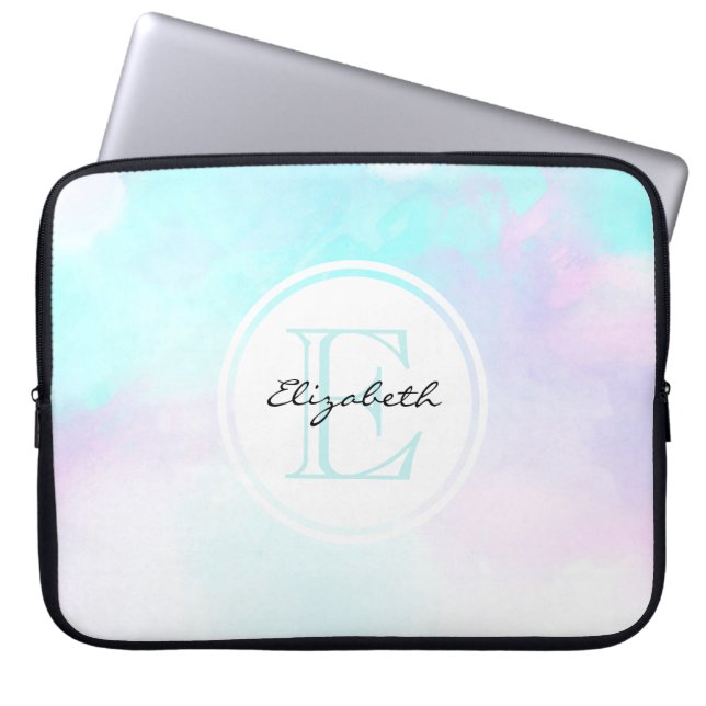 Monogram van de moderne Pastel Blauw en Paarse Wat Laptop Sleeve (Voorkant)