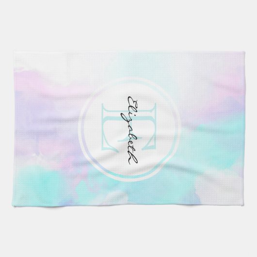 Monogram van de moderne Pastel Blauw en Paarse Wat Theedoek (Horizontaal)